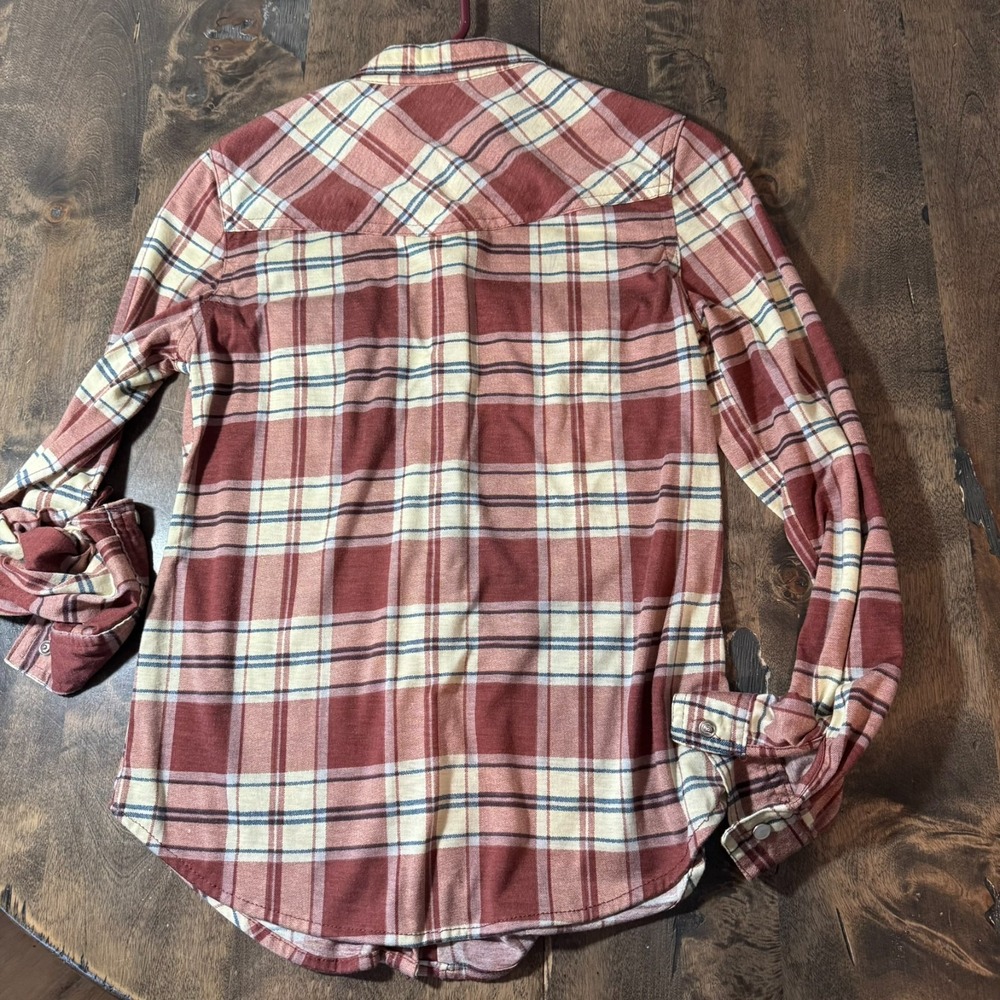 Womens Passport Maroon Plaid Pearl Snap Shirt Size S Western Adjustable Sleeves‎ - Picture 11 of 14